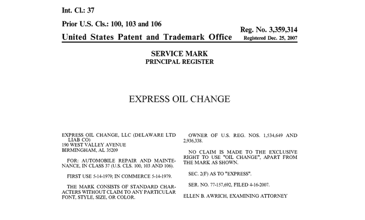Express Oil’s documents from 2007, when the phrase ‘Express Oil Change’ was trademarked. A federal judge ruled on Jan. 23, 2026, that Big Peach Car Wash had infringed on the trademarked name