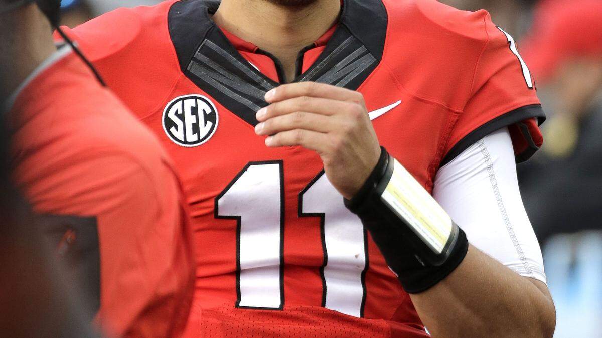 Georgia quarterback Greyson Lambert watches the action from the sideline in the second half of an NCAA college football game against Vanderbilt Saturday, Sept. 12, 2015, in Nashville, Tenn. Georgia won 31-14. (AP Photo/Mark Humphrey)