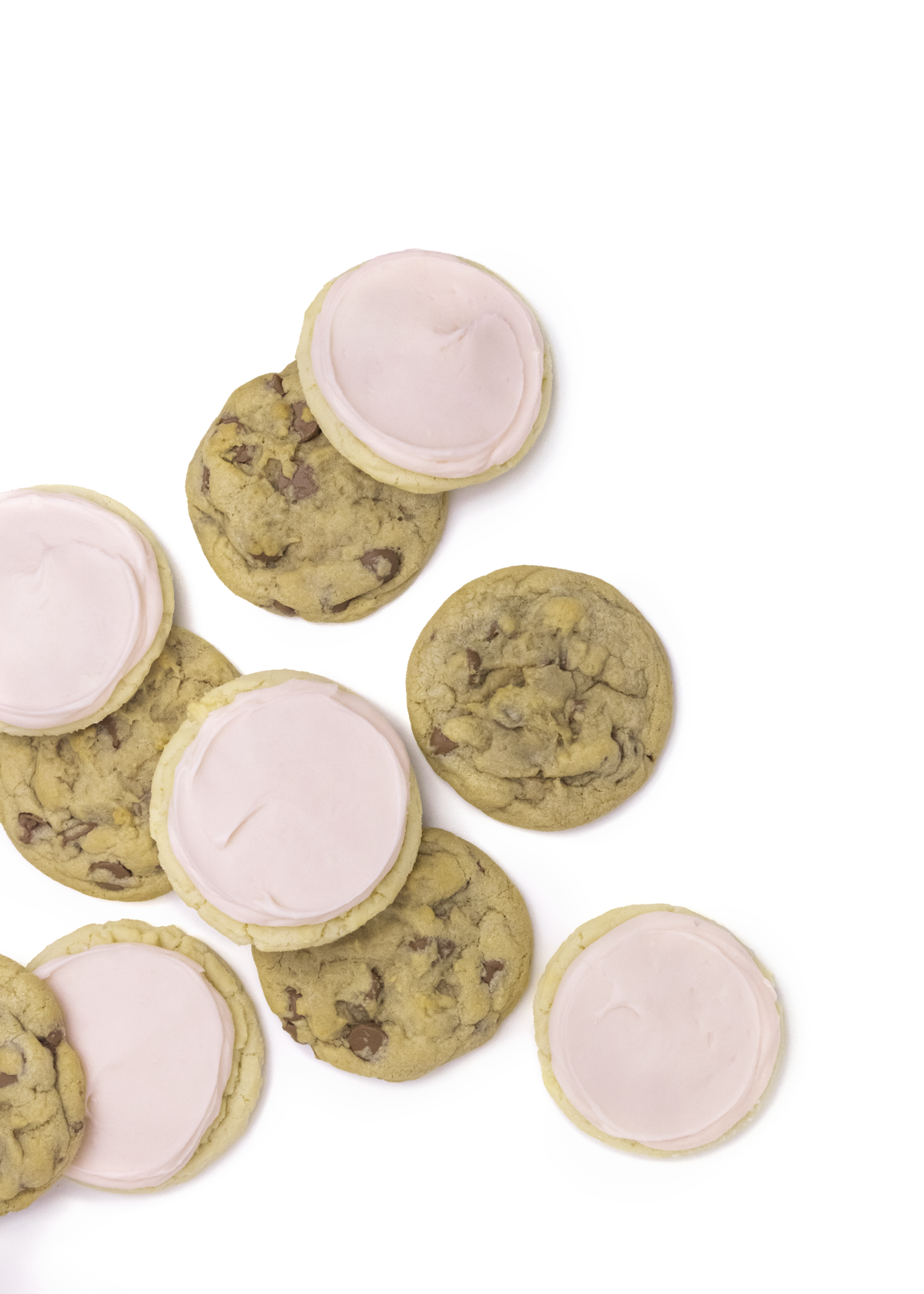 Signature milk chocolate chip and chilled pink sugar cookies at Crumbl Cookies.