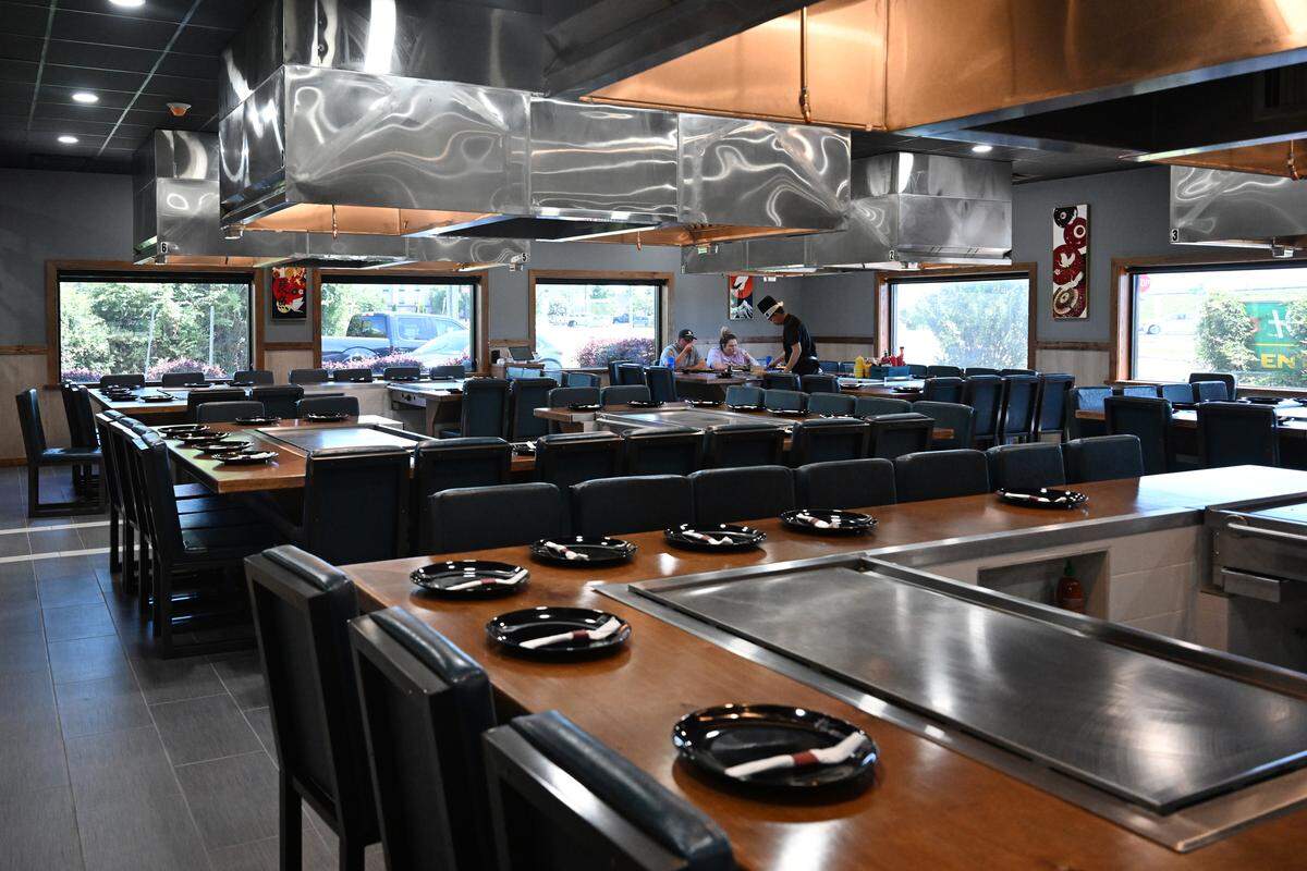 The new Koji Japanese Steakhouse in Perry features multiple dining areas, including the largest with five rectangular-shaped teppanyaki tables.