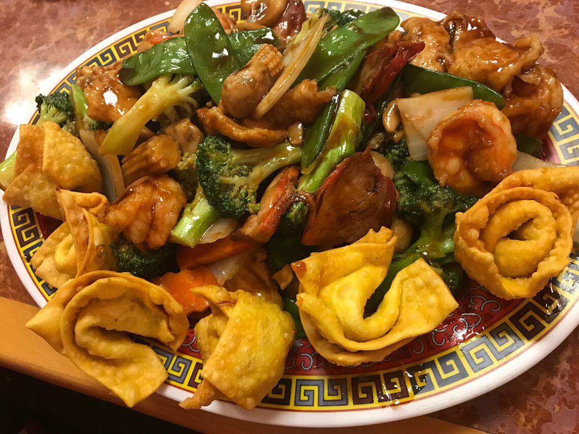 Subgum wonton at Wok N Roll at 789 Ga. 96 in Bonaire. The dish consists of fresh shrimp, chicken and roast pork sauteed with Chinese vegetables and baby corn surrounded by fried wontons, according to the menu.