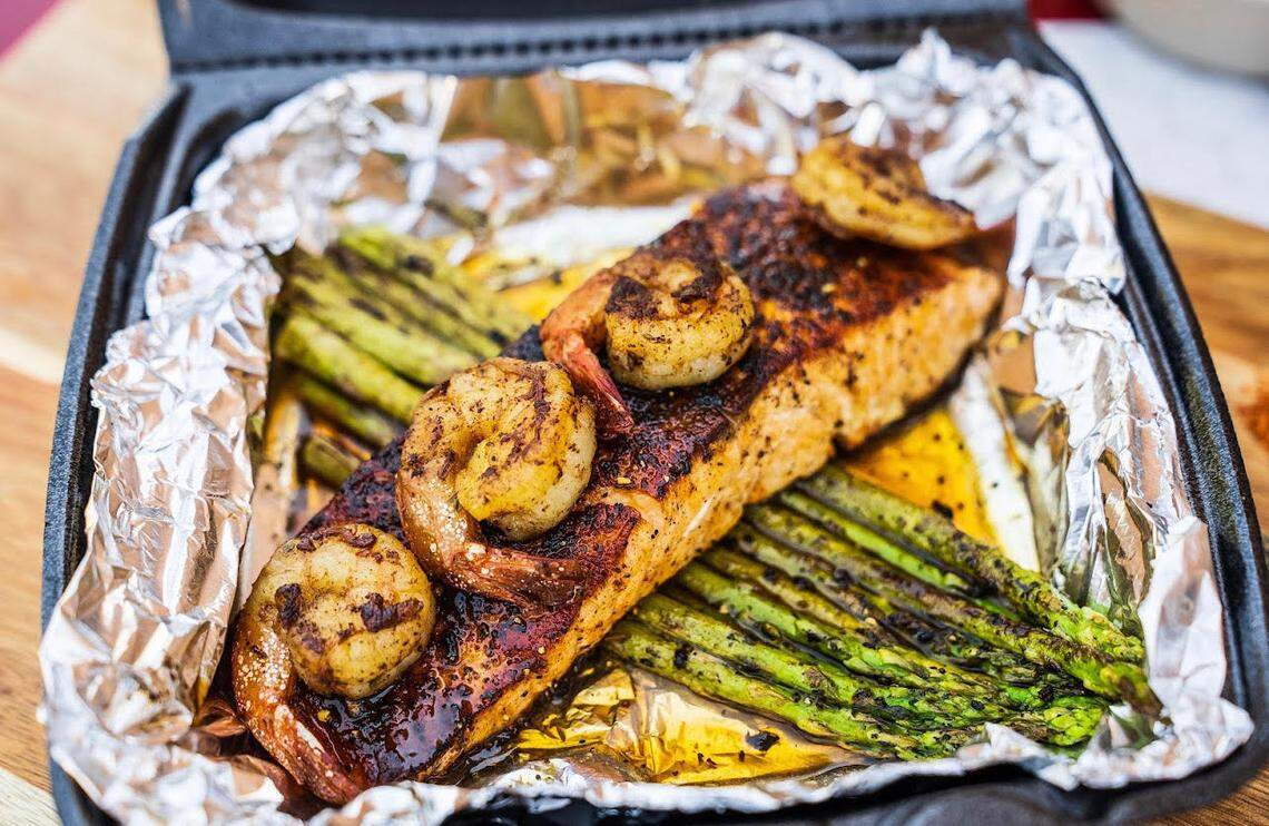 Salmon, shrimp and asparagus at Big D’s Bar-B-Q at 280 Carl Vinson Parkway in Warner Robins.