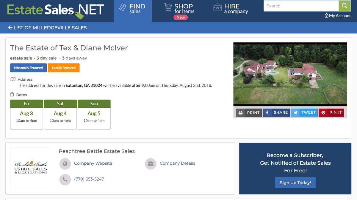 EstateSales.net lists the estate sale at the Eatonton home of Tex and Diane McIver. Tex McIver was convicted in April of felony murder in his wife’s shooting death nearly two years ago.