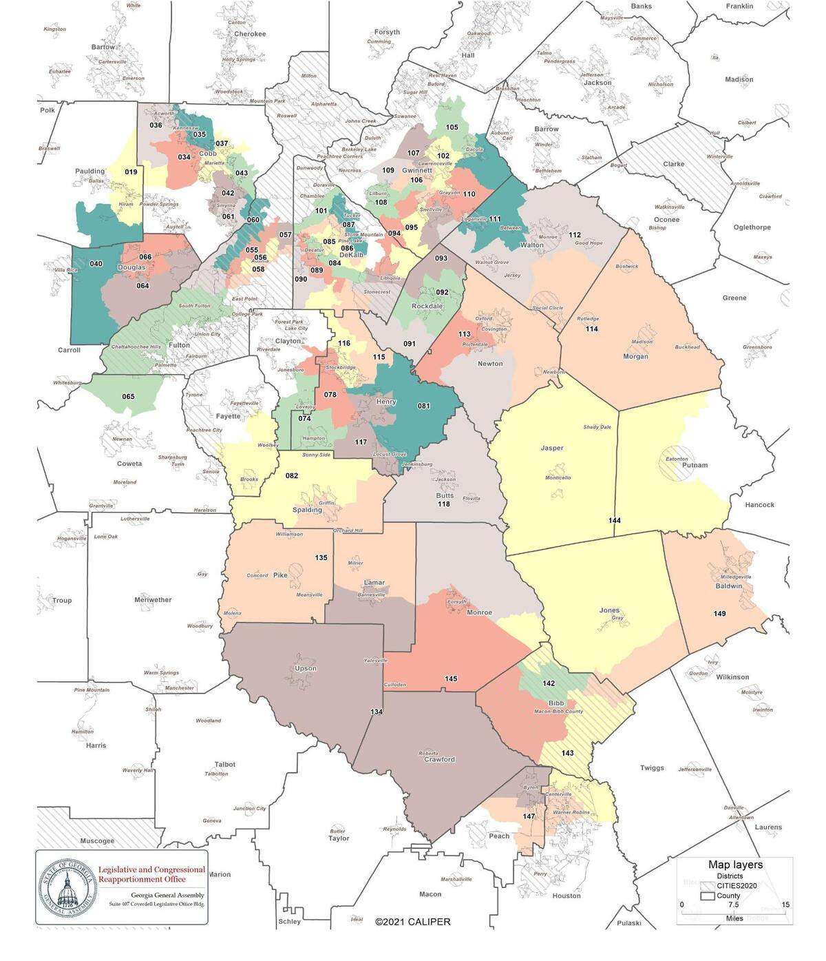 A map of all the Georgia House of Representatives districts modified in the 2023 special session.