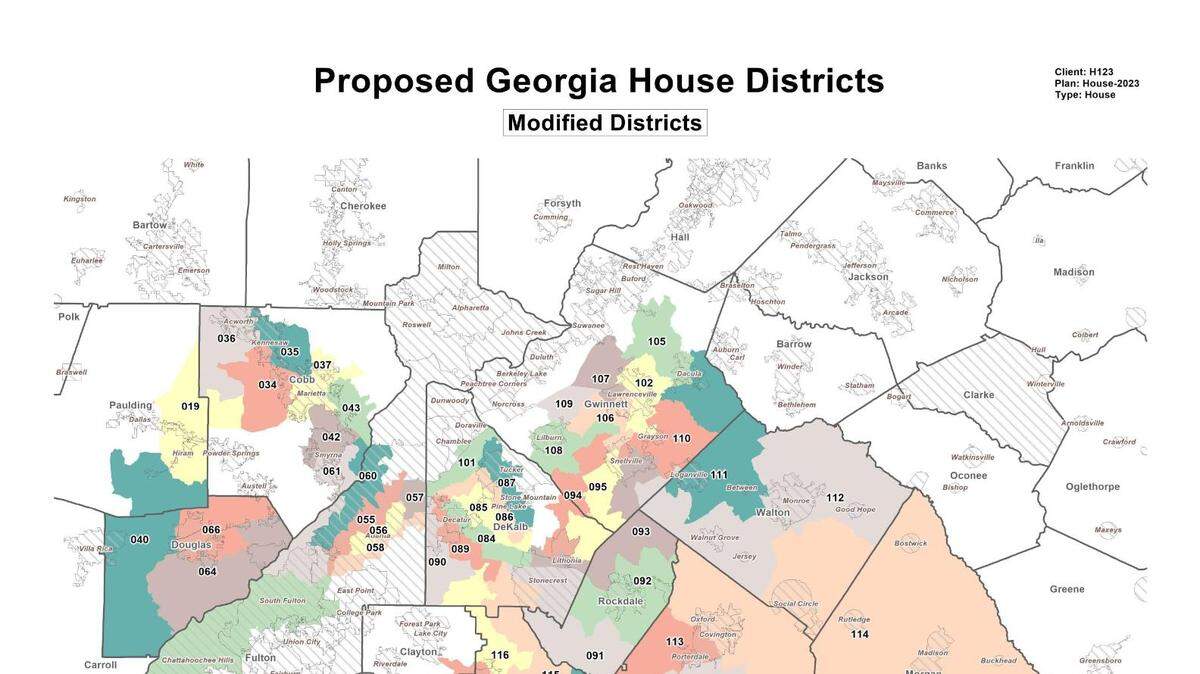 A map of all the Georgia House of Representatives districts modified in the 2023 special session.