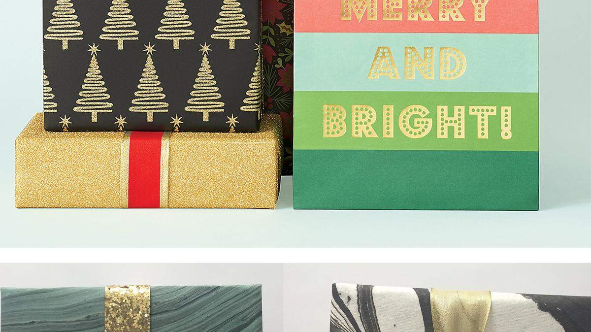 Paper Source organizes its festive gift-wrap offerings into themes: Glitter and Gold, Winter Woodlands, Classic Red and Green, and even colorful papers covered in llamas.