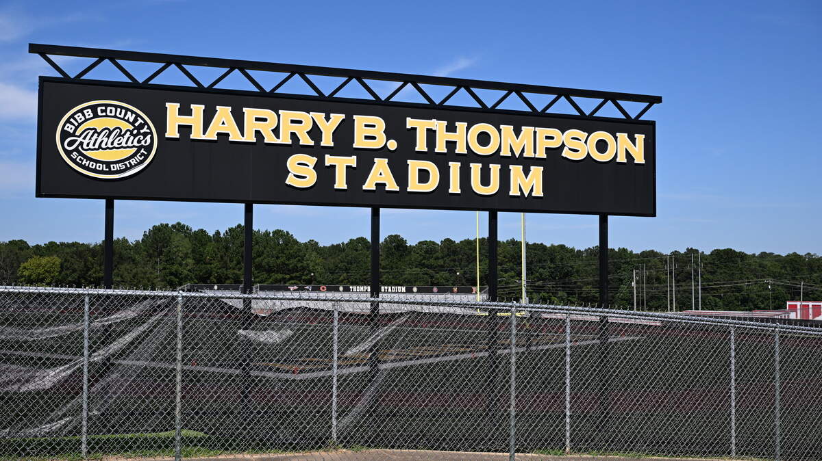Harry B. Thompson Stadium sits off of Shurling Drive on Monday, Aug. 25, 2025, in Macon, Georgia. Bibb County School District officials are investigating a fight that broke out on the field Friday night at a football game between Southwest and Northeast High School. 