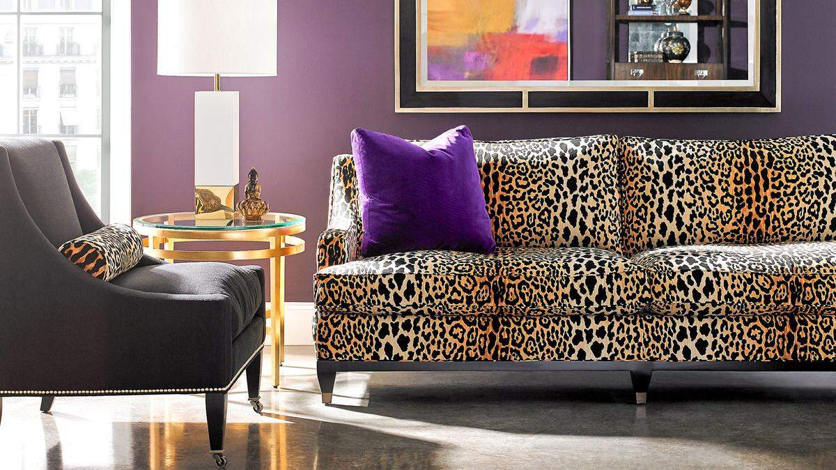 The Drake sofa by Lillian August for Hickory White features a bold leopard print.