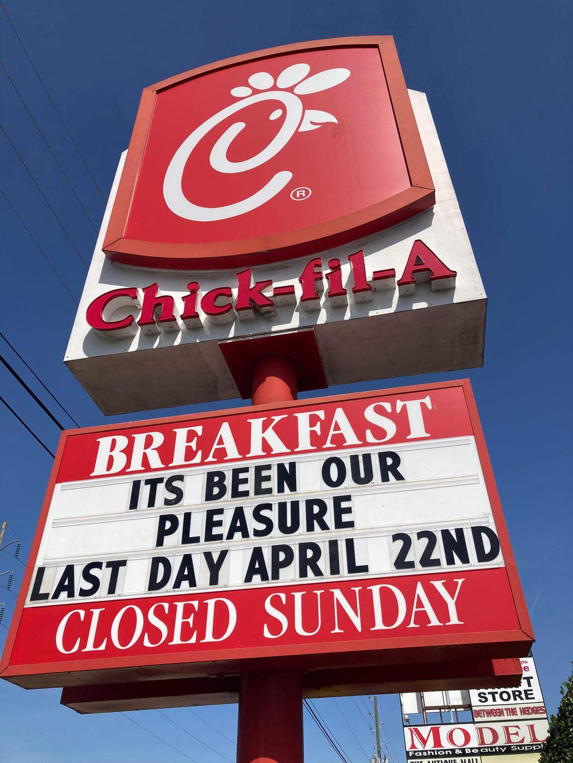 The Chick-fil-A at 1867 Watson Blvd. sold its last chicken sandwich Friday. The restaurant’s new location at 621 Russell Parkway opens Thursday.