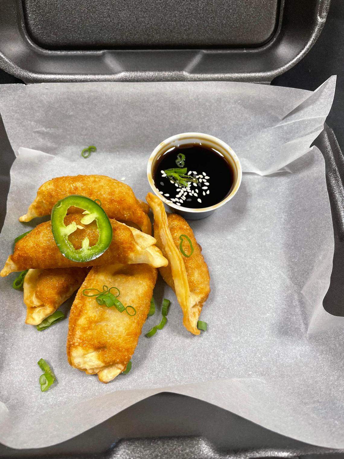 Chicken pot stickers with teriyaki sauce from the Root 76 Cuisine food truck going into service soon.