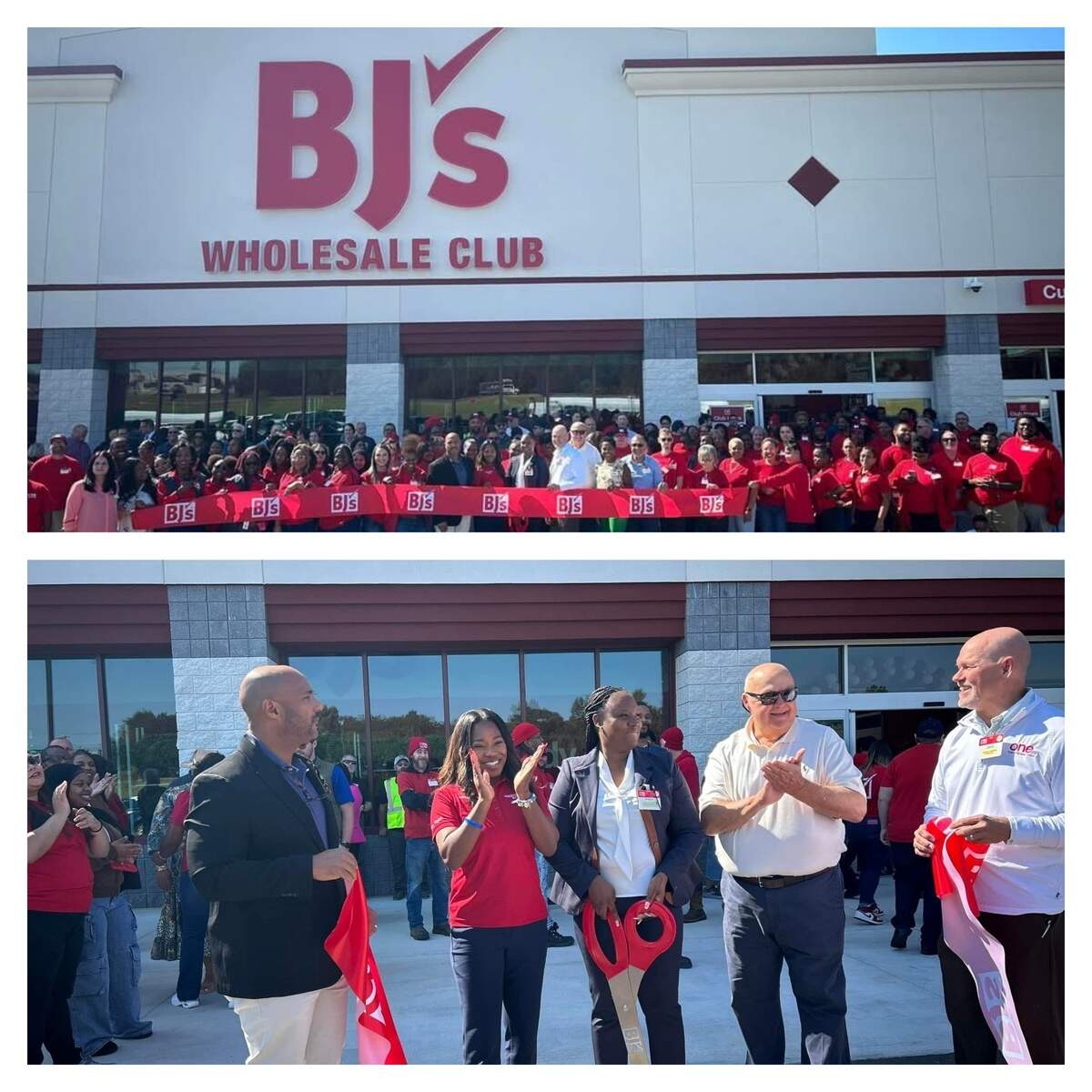 On the day before the new BJ’s Wholesale Club opening, Warner Robins Mayor LaRhonda Patrick and Peach County Commission Chairman Martin Moseley joined Stacey Ann King, the new club’s manager, along with other BJ’s representatives and club employees, for a ribbon cutting. (Collage of two ribbon cutting photos.)