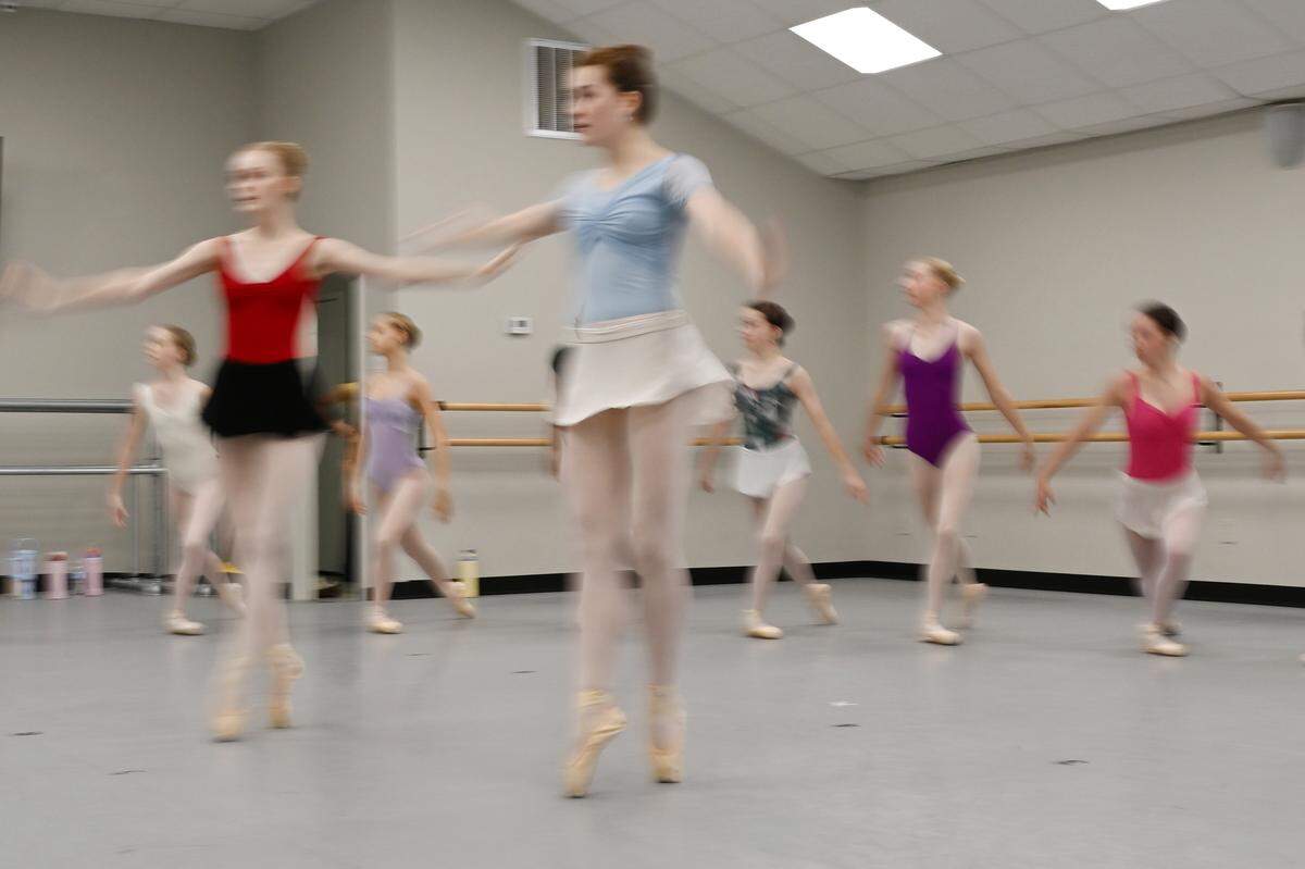 Nutcracker of Middle Georgia dancers rehearse the snow scene on Sunday, Nov. 23, 2025, at their studio in Macon. The community production of “The Nutcracker” celebrates its 40th anniversary this year. 