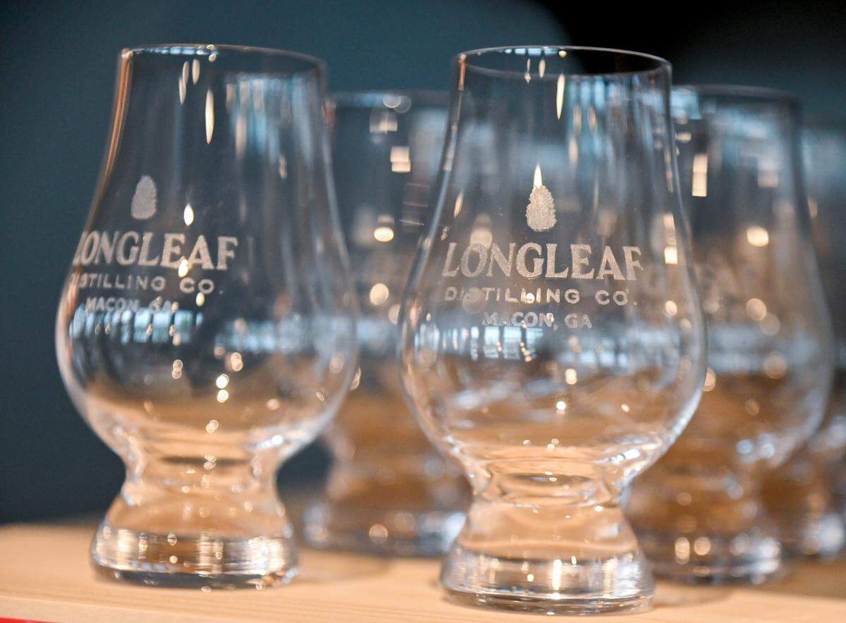 Whiskey dram glasses available for purchase at Longleaf Distillery at 664 Second St. in downtown Macon.