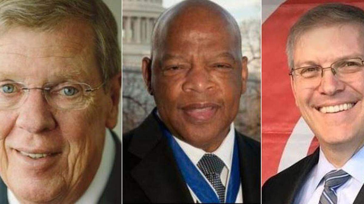 Sen. Johnny Isakson, left, and U.S. Reps. John Lewis, center, and Barry Loudermilk have been chastised by the ACLU of Georgia for curtailing free speech on social media.
