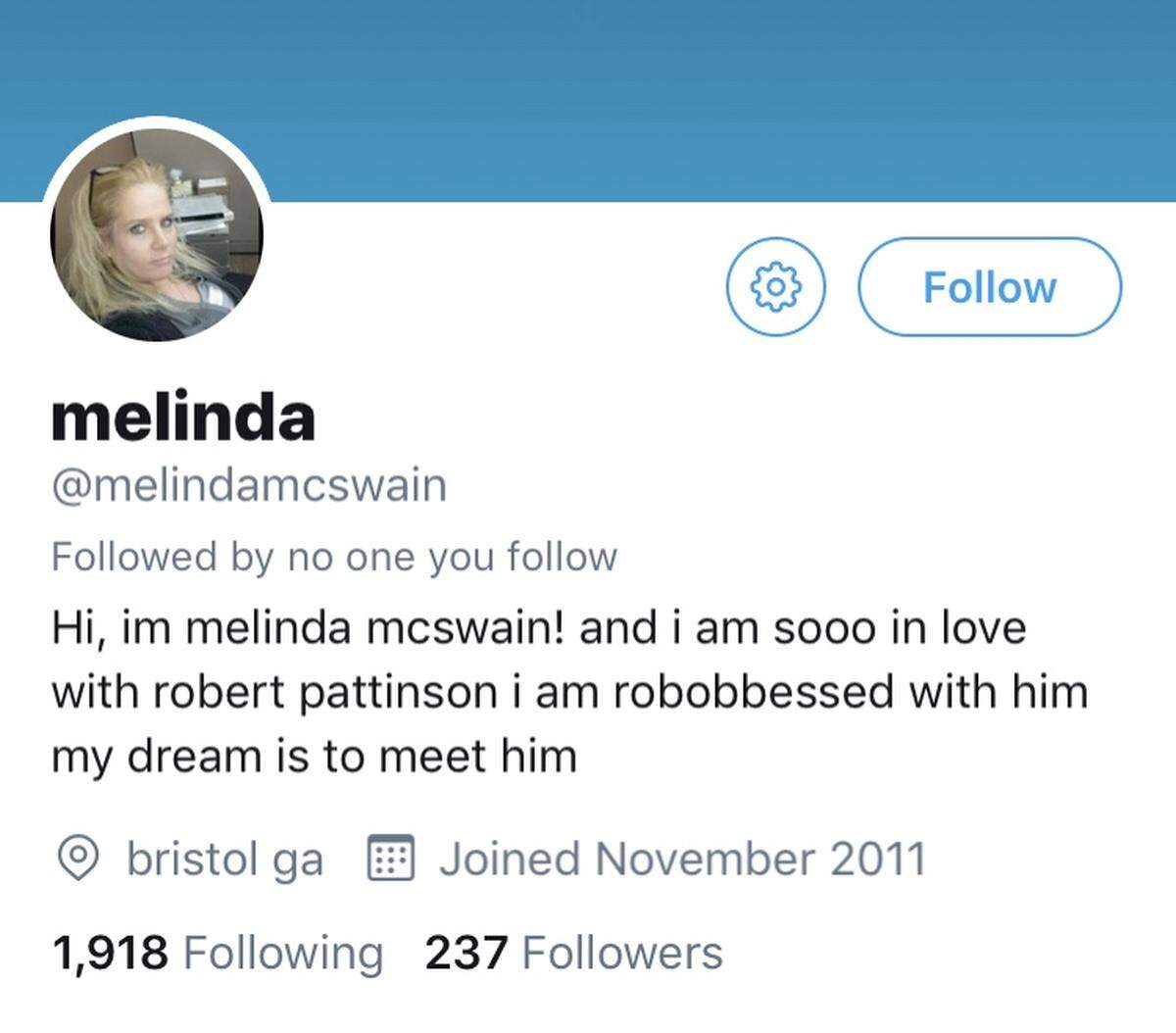 A screen shot of a Twitter account attributed to Melinda McSwain.
