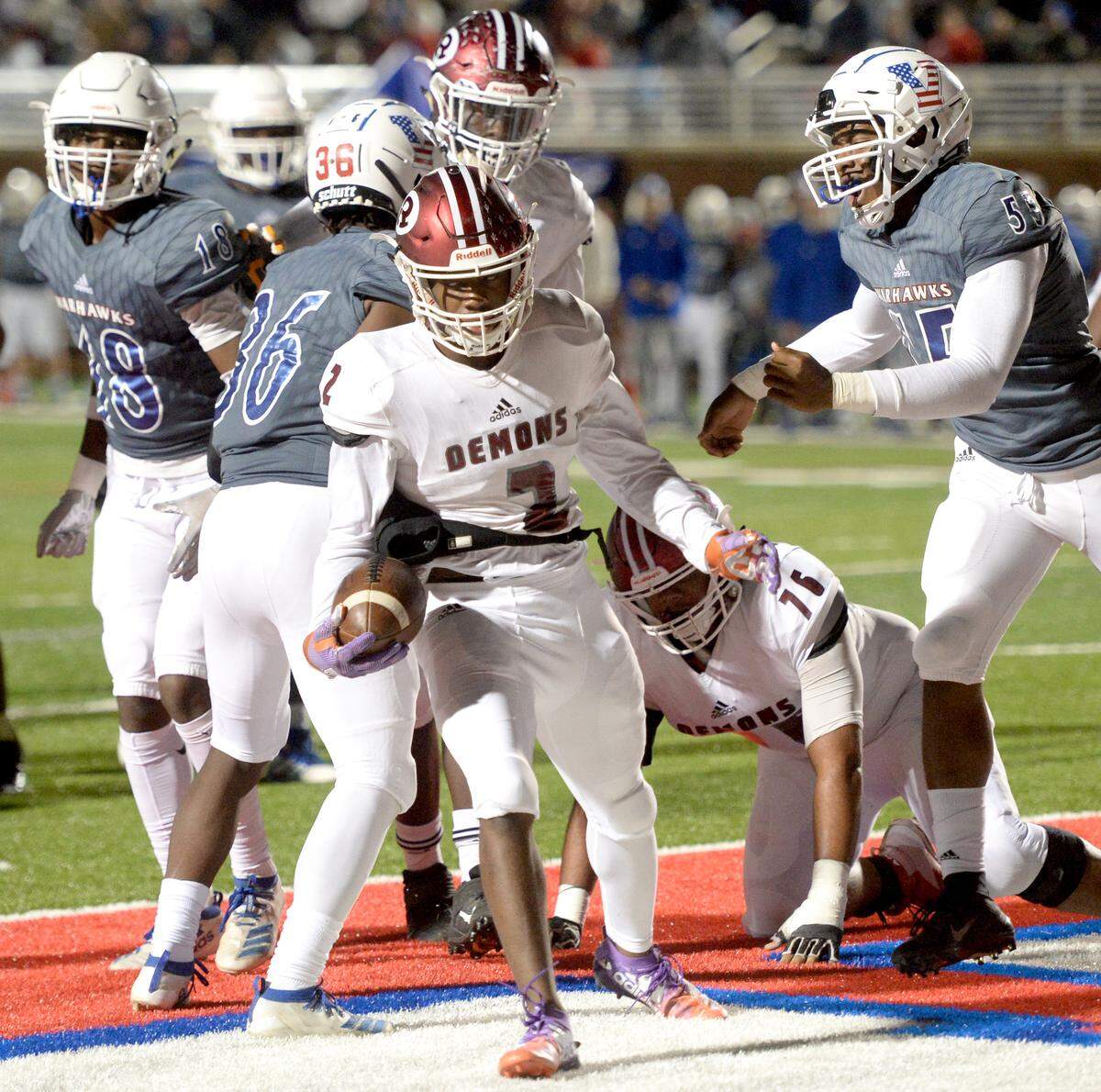 Warner Robins receiver Marcayll Jones (2) runs into the end zone for a touchdown during the Demons’ game against Veterans Nov. 8, 2019.