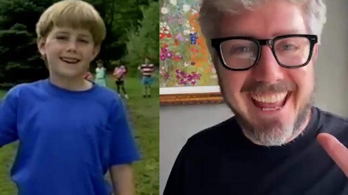 Brett Ambler (right) recreates the beginning of the viral Kazoo Kid video he starred in as an 8-year-old (left) during an interview on Thursday, March 6, 2025. Ambler is scheduled to perform in Macon as a part of the city’s attempt to break the Guiness World Record for largest group of people humming into kazoos at one time later this month.