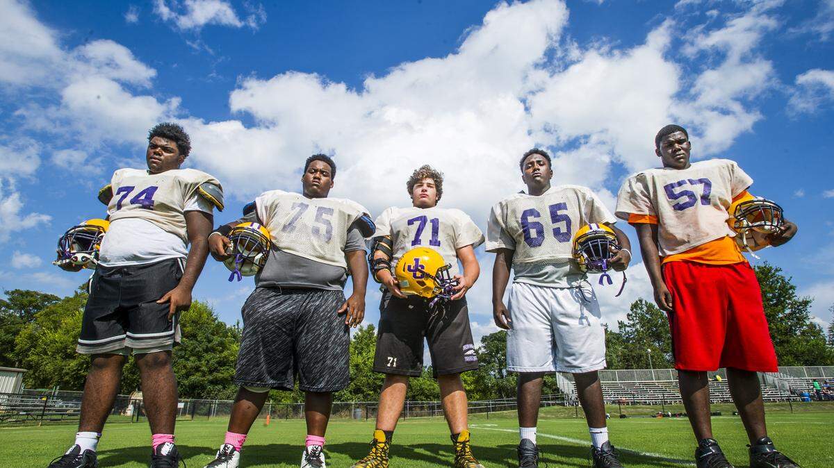 Quay Betha (74), Tavius Clark (75), River Vaughn (71), Joshua Hugley (52) and Quay Pitts (58) are the staring offensive line for the Jones County football team.