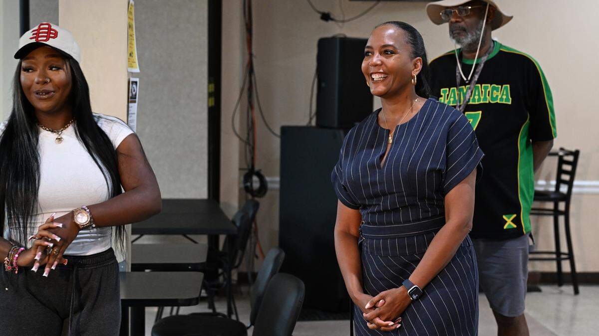 Former Mayor of Atlanta Keisha Lance Bottoms (right) takes a tour of Turner Ragan American Legion Post 594 with post employee Davonne Scarlett (left) during a stop on her “Standing Up for Georgia” statewide tour on Wednesday, Aug. 27, 2025 in Warner Robins, Georgia. Bottoms is one of a handful of candidates seeking a Democratic nomination for the 2026 Georgia gubernatorial race.