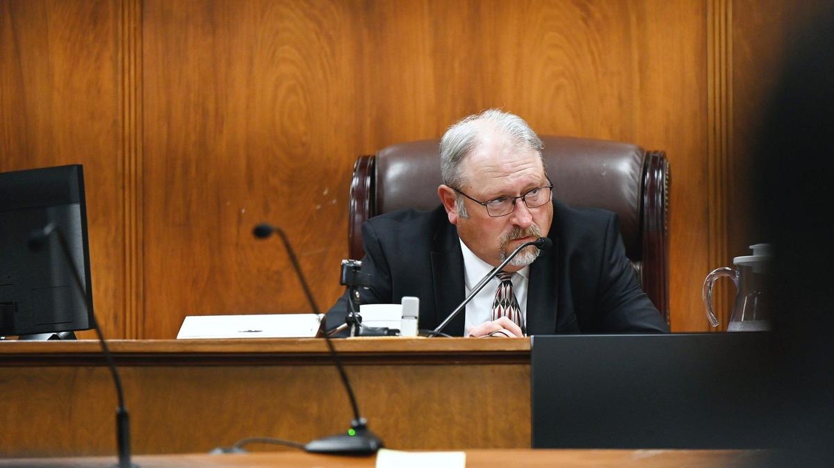 Senior Superior Court Judge Howard Simms listens to a witness statement from Arlan Anderson during the plea hearing of Edward Judie Jr. on Wednesday, July 10, 2024, at the Bibb County Superior Courthouse in Macon, Georgia. Judie pleaded guilty to one count of concealing the death of another after the death of his wife in November 2019.