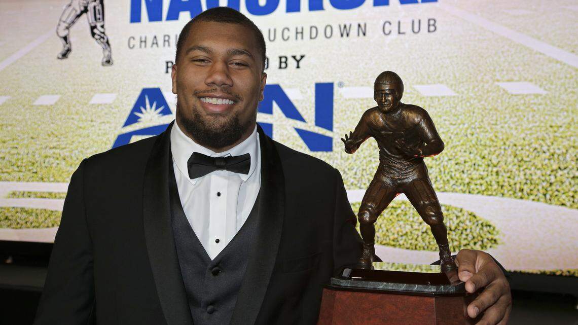 N.C. State defensive end Bradley Chubb poses with the Bronko Nagurski Trophy.