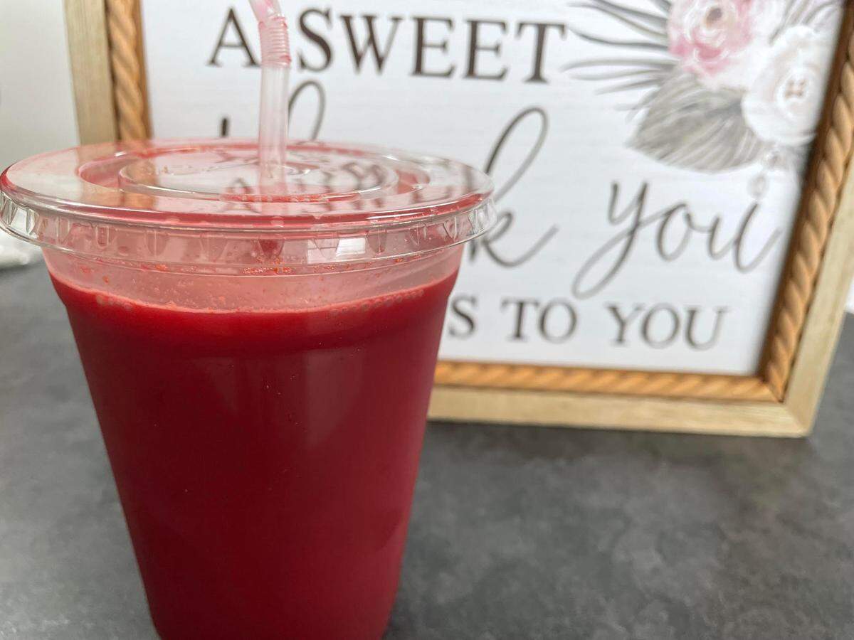 Cold pressed “beet the blues” juice made with beet, apple, carrot and ginger at Verus Vine Plant Based Kitchen in Byron.