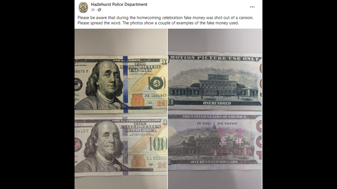 Fake $100 bills shot out of cannon during homecoming festivities are turning up around Georgia. (Hazlehurst Police Department screengrab) 