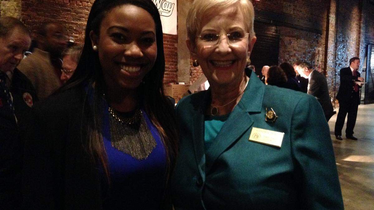 Jasmine King of Macon, left, stands with her boss, Georgia First Lady Sandra Deal, at the annual Taste of Macon dinner, in Atlanta on Tuesday night. King said she recommended a favorite childhood restaurant, Nu-Way, to Deal. Photo by Maggie Lee
