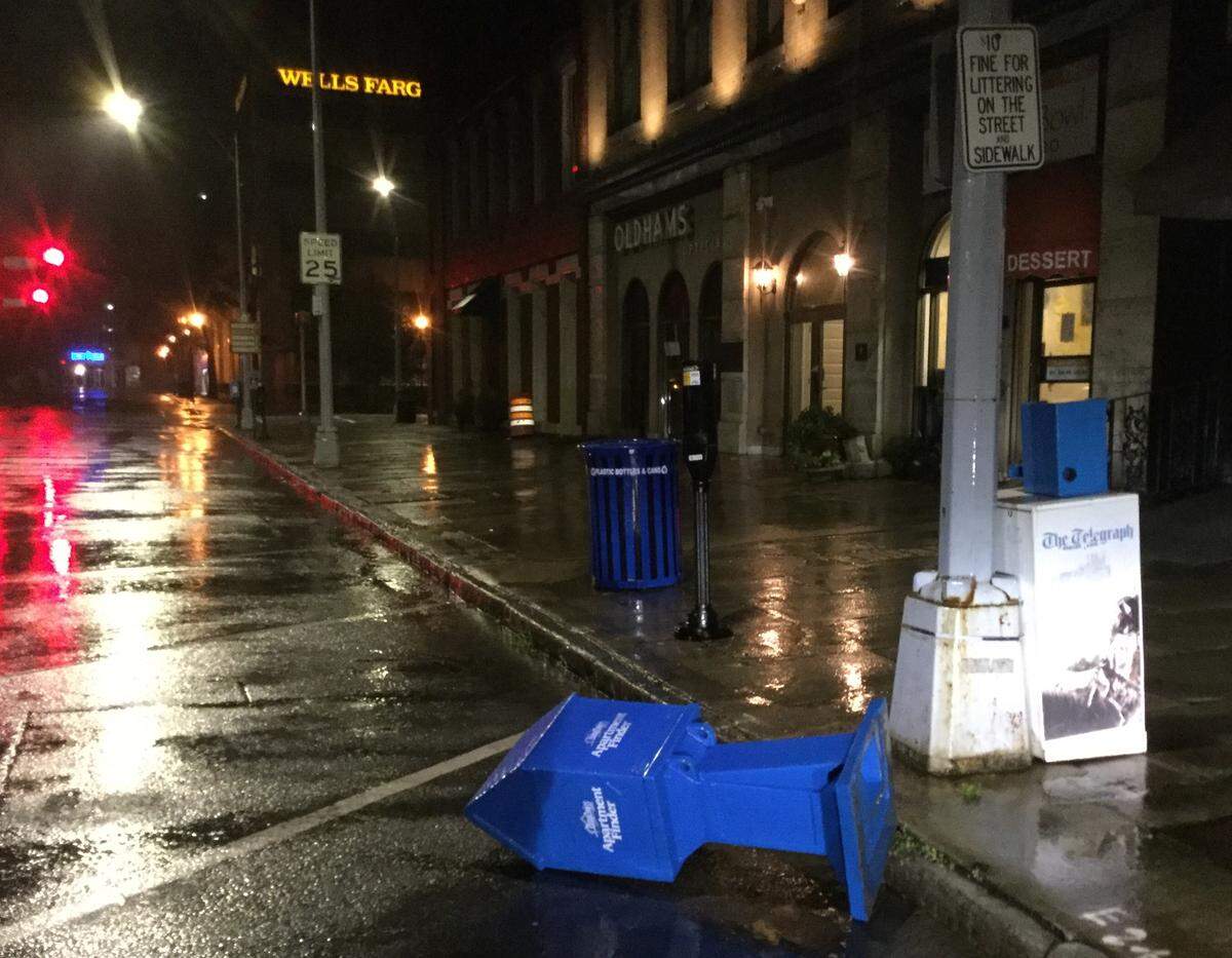 A display box topped on its side as Hurricane Michael was approaching Middle Georgia early Thursday morning on Mulberry Street in downtown Macon.