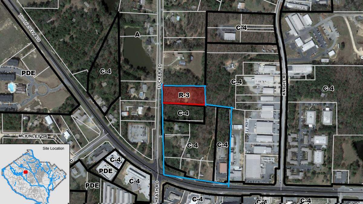 A shopping center, anchored by a grocery store, would be built at the corner of Thomaston and Tucker roads in the area outlined by The Telegraph in blue. It is expected to be considered Monday by the Macon-Bibb County Planning & Zoning Commission.