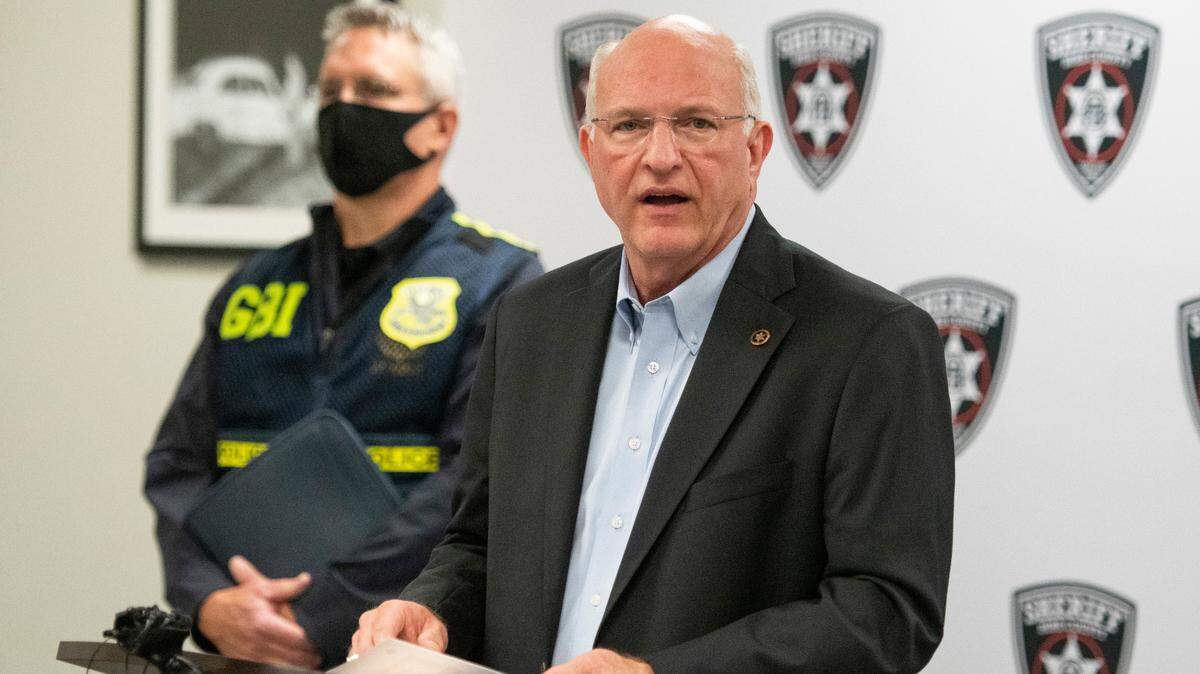 Bibb County Sheriff David Davis at a 2021 press conference.. Davis was recently diagnosed with leukemia.