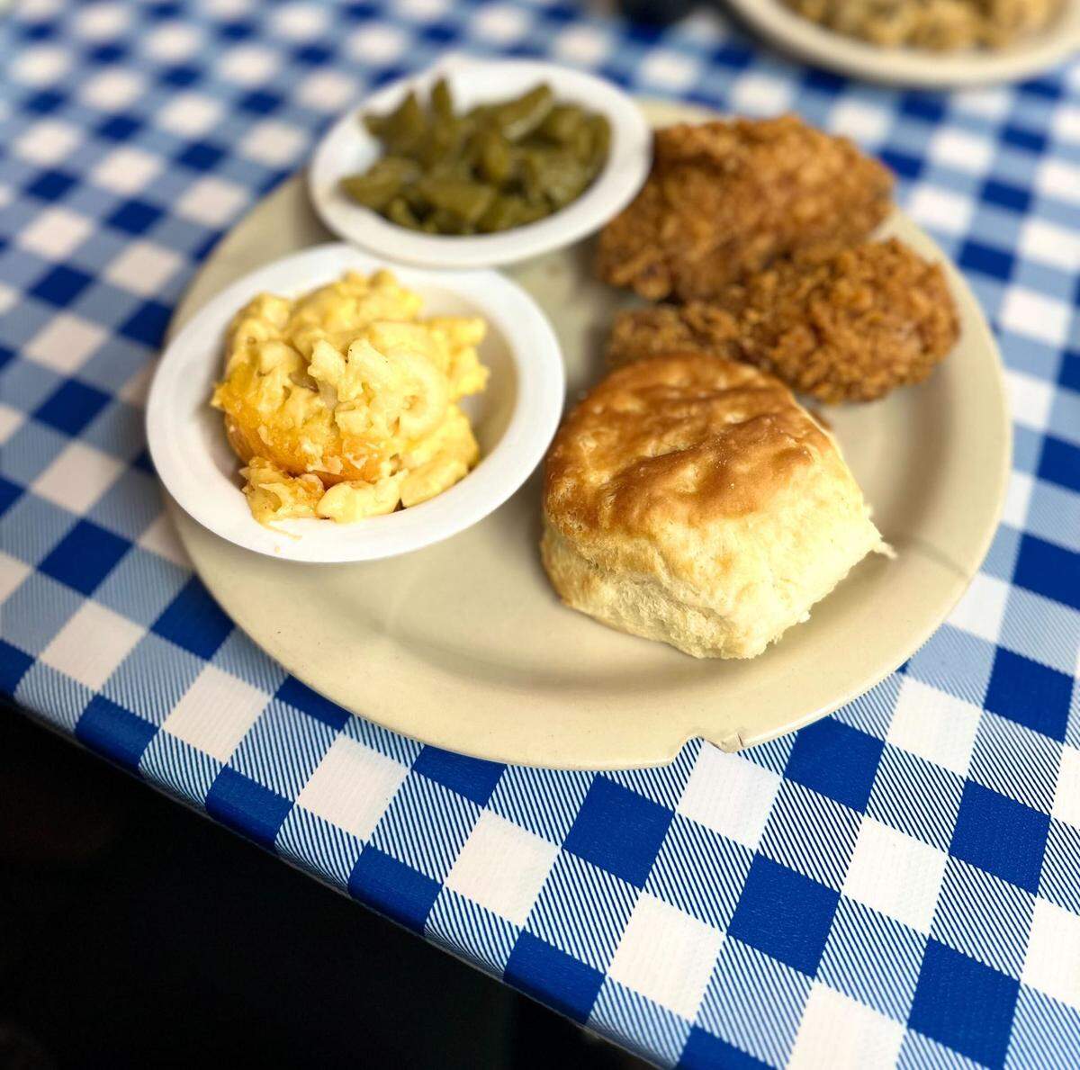 Fried chicken, mac and cheese and green beans at H&H in Macon, Georgia