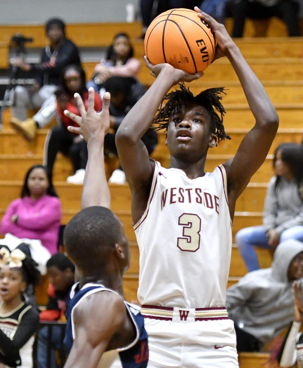 JASON VORHEES/THE TELEGRAPH Macon, GA, 01/28/2020: Westside junior guard Kowacie Reeves Jr. (3) puts up a shot against Jackson January 28, 2020.