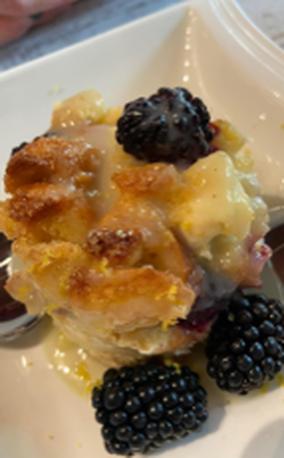 Blackberry and cream bread pudding with a sweet cream sauce at Pearl - Passionate Cuisine & Cocktails at 470 First St. in downtown Macon.