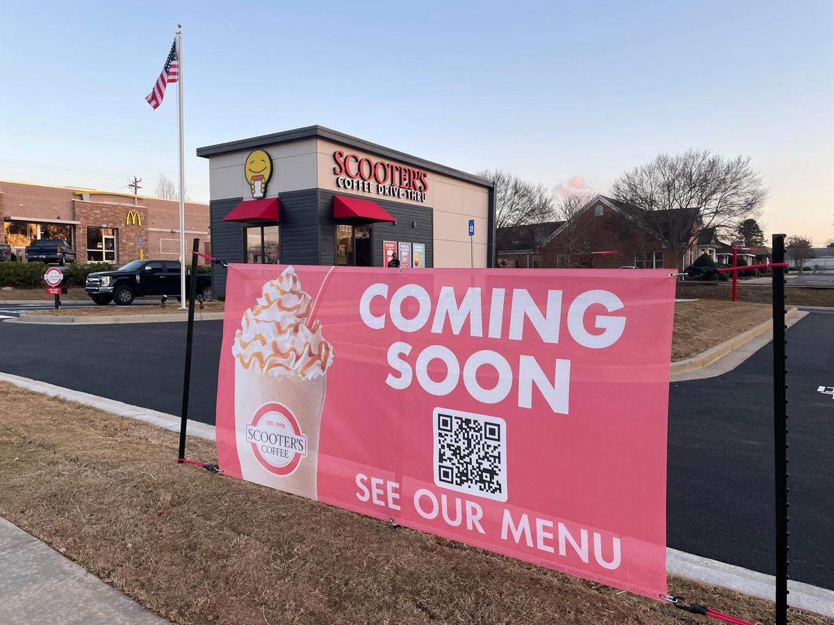 The first Scooter’s Coffee in Warner Robins at 1881 Watson Blvd. readies to open.