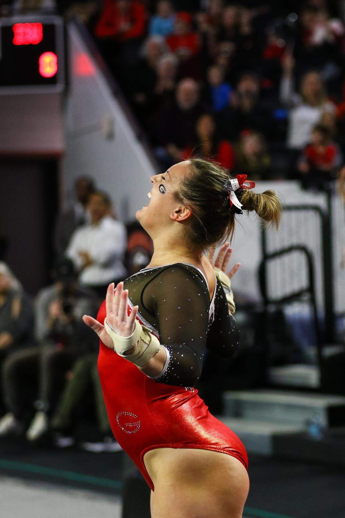 Georgia’s Rachael Lukacs during a gymnastics meet between the University of Georgia and Iowa State University in Stegeman Coliseum in Athens, Ga., on Monday, Jan. 21, 2019. (Photo by Kristin M. Bradshaw)