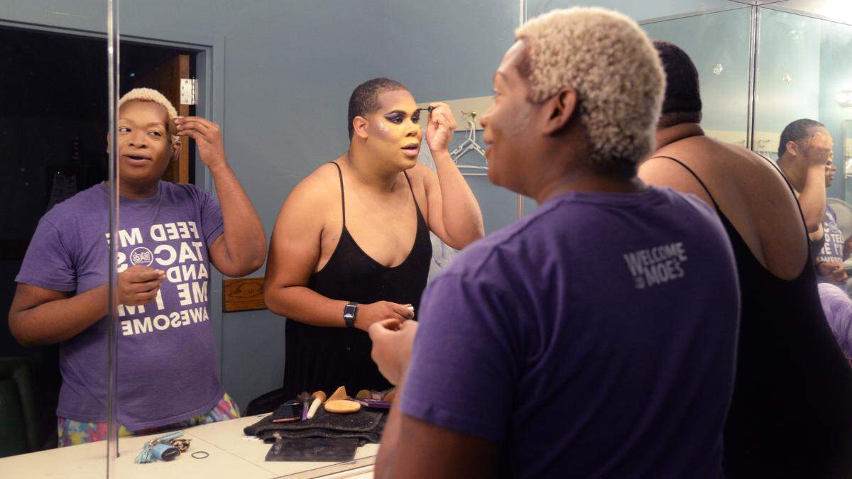 Yutoya Avaze Leon, left, and Christina Leon get ready in the dressing room at the Hargray Capitol Theatre on Friday ahead of Macon Pride’s House Party event featuring the well-known drag queen Lala Ri.