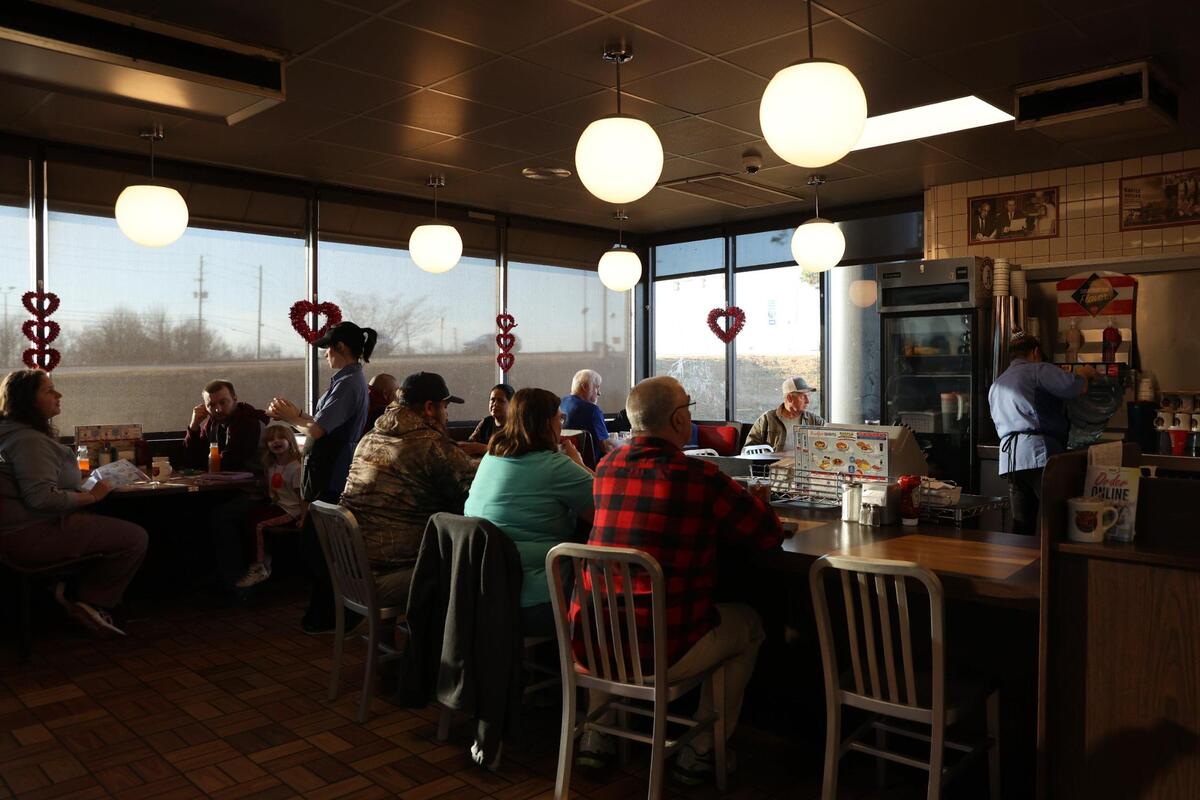Patrons sit inside of the northbound Waffle House in the morning of Sunday, Feb. 2, 2025, in Byron, Georgia. Although they’re not the two closest Waffle Houses in Georgia, the Exit 49 Byron Waffle Houses sit just 0.3 miles apart on the same road.