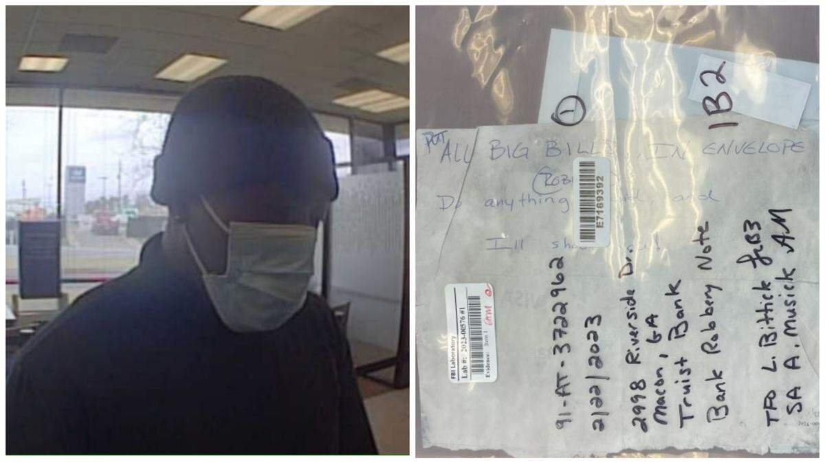 Robbery suspect Gabriel Bell has been convicted in federal court and sentenced to more than nine years in prison. Evidence presented at trial showed him at the bank and showed the note he gave bank tellers (right), according to court records.