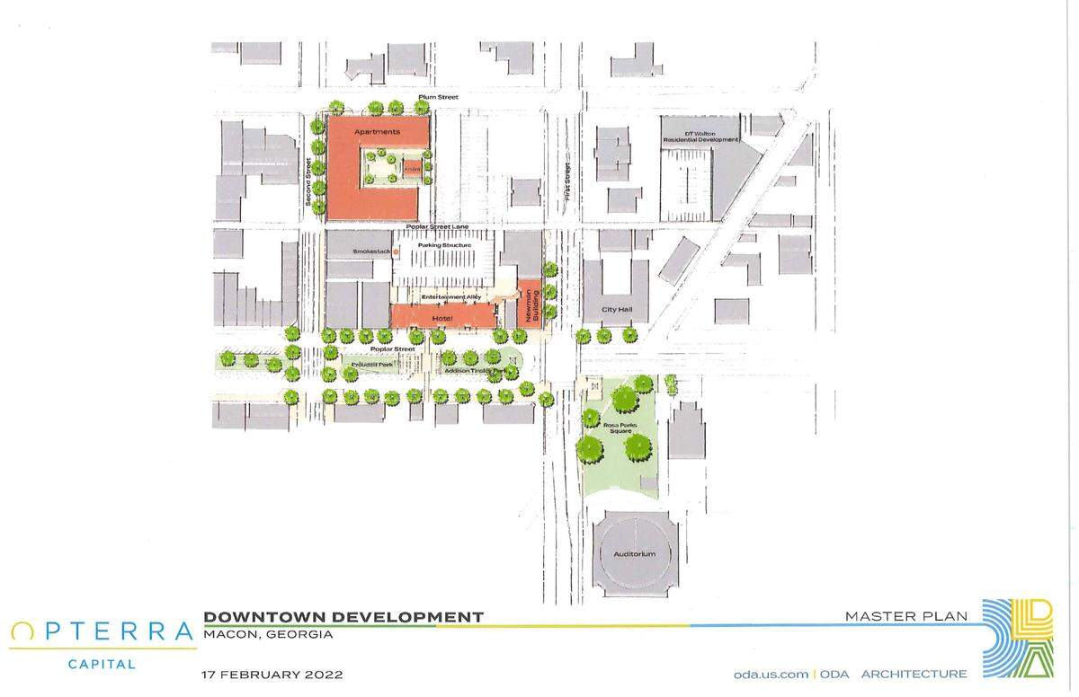 A 152-room hotel with an entertainment alley is proposed for 678 Poplar St., along with renovation of the nearby Newman Building for an entertainment space and construction of a six-story, 230-unit apartment building at Second and Plum streets.