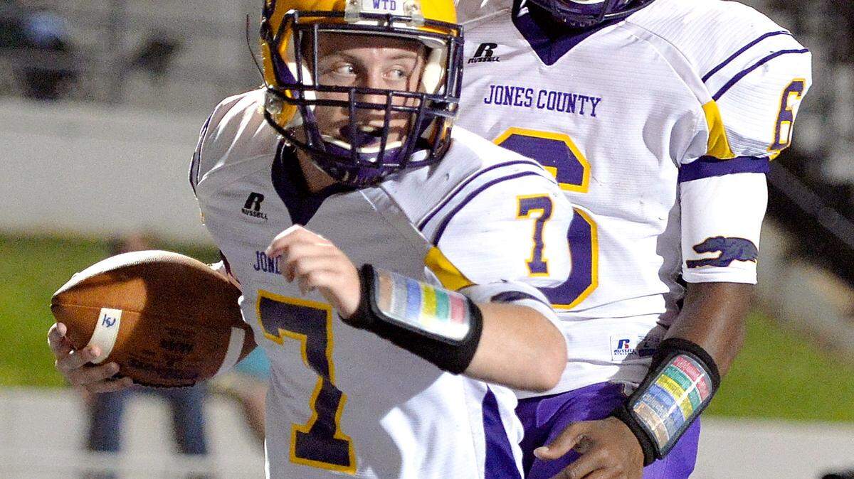 Jones County running back Chandler Ramage (7), Nick Singleton and the Greyhounds play Friday night at Glynn Academy.