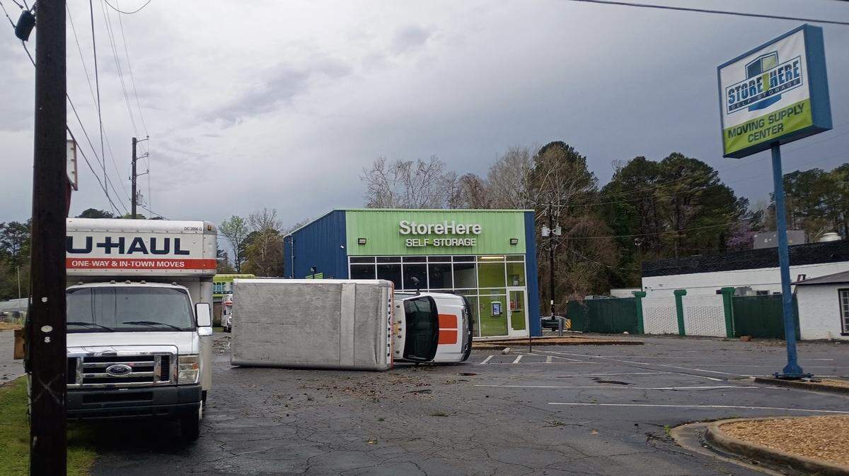 A U-Haul truck overturned during a severe thunderstorm with tornado potential on Monday, March 16, 2026, at Store Here Self Storage, 2432 Riverside Drive in Macon, Ga.