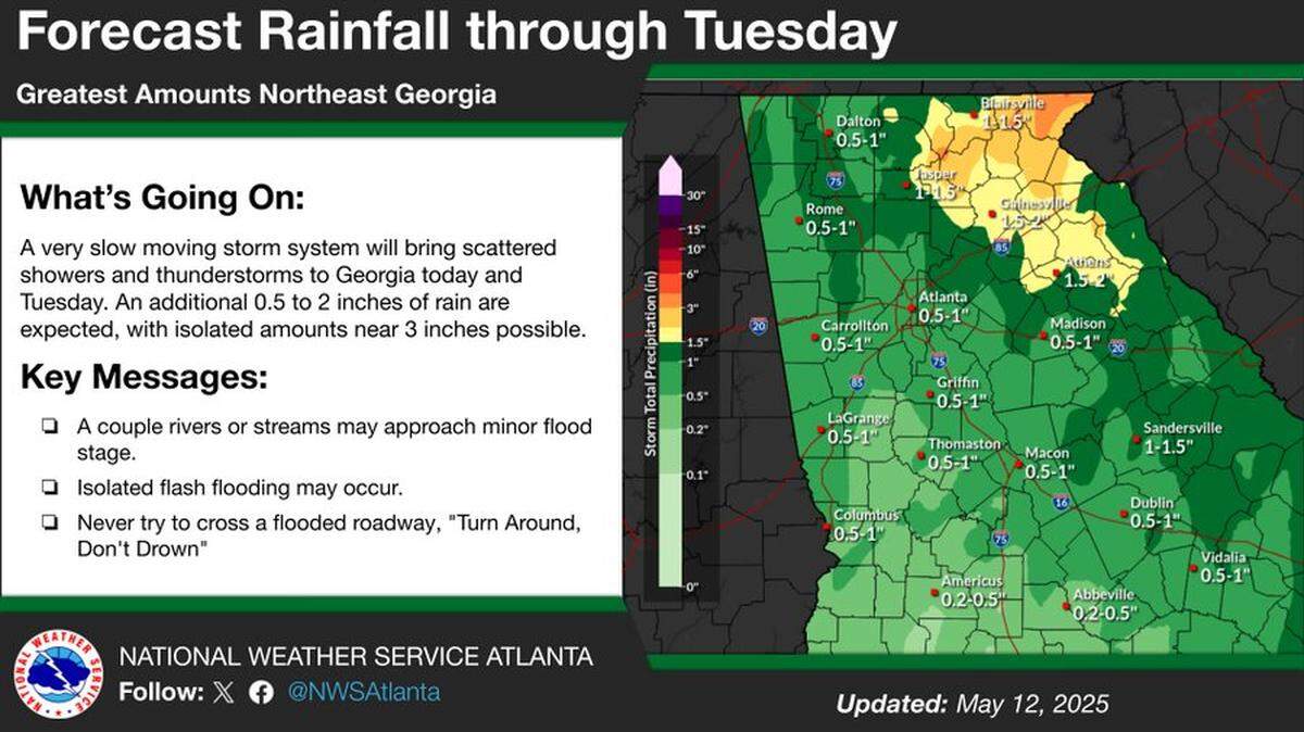 Rain is expected to continue through Tuesday, according to the National Weather Service, with a chance of hail and tornadoes.