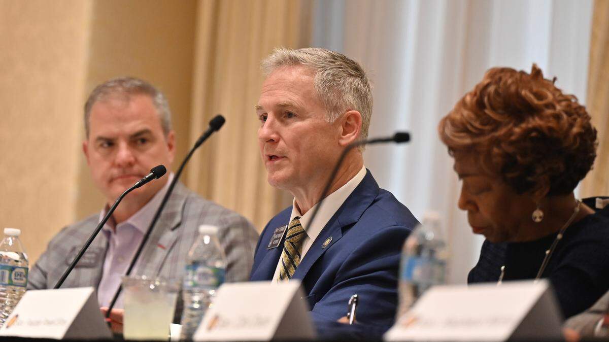 Georgia state senator and committee chairman John F. Kennedy (middle) speaks at the beginning of the first Georgia Senate Study Committee on Combating Chronic Absenteeism in Schools hearing on Thursday, Aug. 7, 2025, at Mercer University in Macon, Georgia. The committee held the first meeting to explore solutions that can help improve student success.