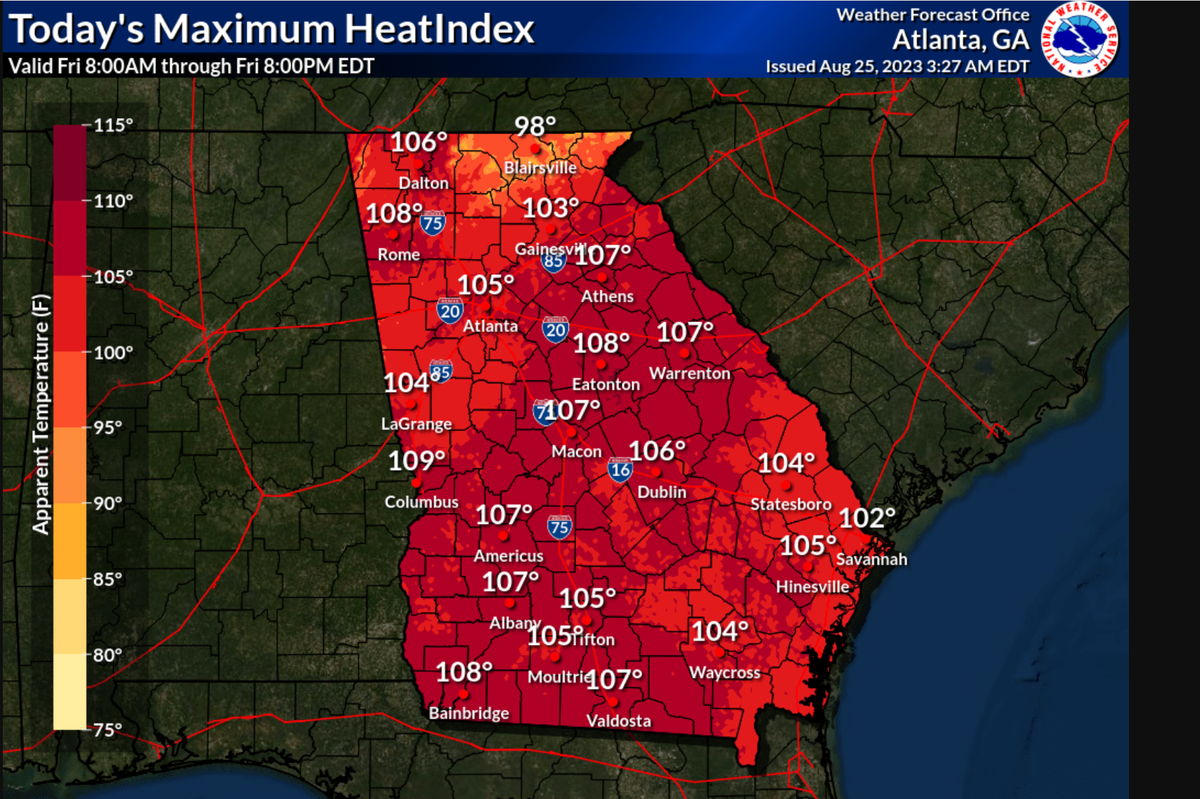 Blazing-high heat indexes were expected Friday and Saturday for Georgia and much of the Southeast.