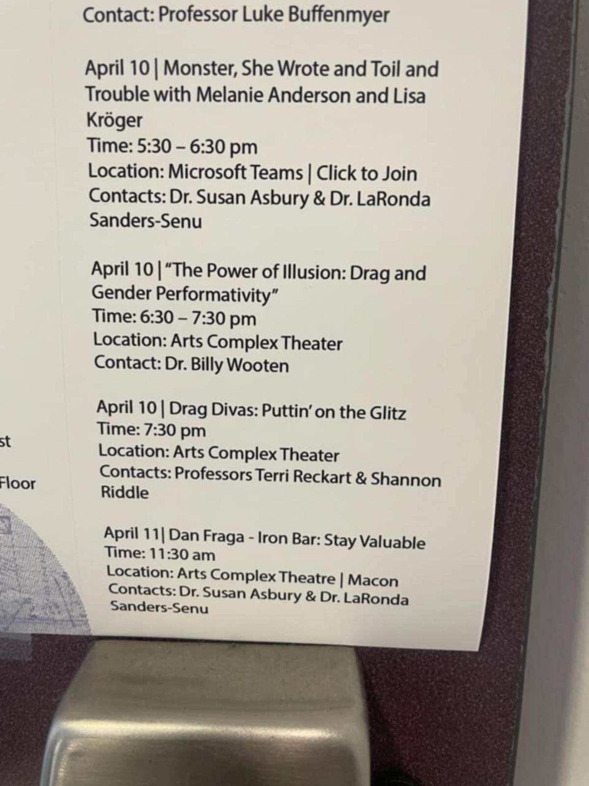 A flyer posted on a classroom door at Middle Georgia State University advertised events part of the School of Arts and Letters’ annual arts festival, which originally included two LGBTQ+-centered programs.
