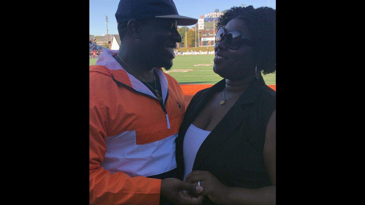 Ike Ekeke and Deborah Ayoade got engaged at the Mercer Homecoming game against ETSU on Saturday.