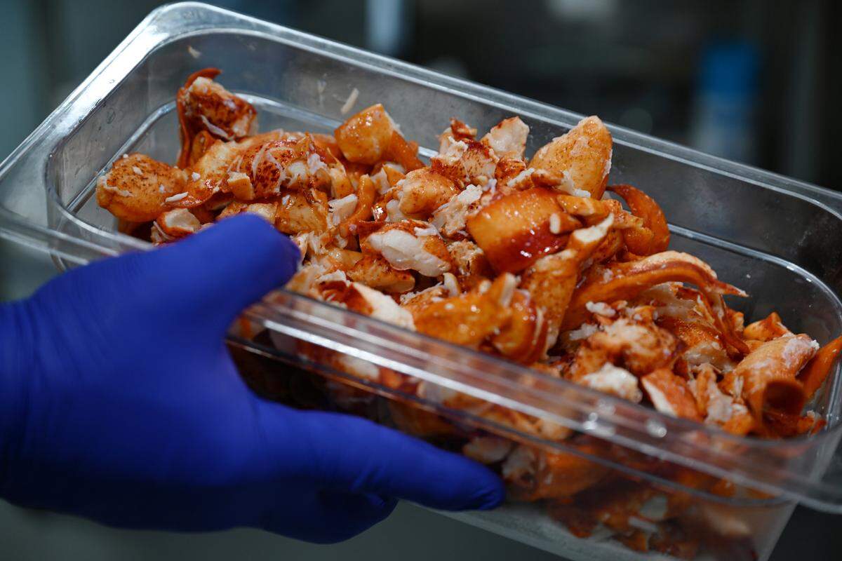Chris Small, who owns Tia’s Maine Lobster Rolls with his wife, Tia, holds a container of lobster used for their made to order lobster rolls, lobster grilled cheese and lobster mac and cheese. The takeout restaurant is off North Pleasant Hill Road in Warner Robins.