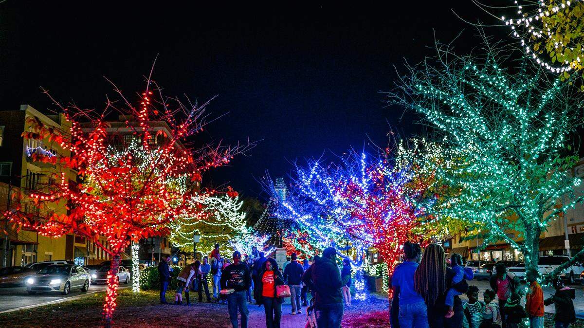 Macon, Georgia’s light display downtown is made of a million twinkling lights.