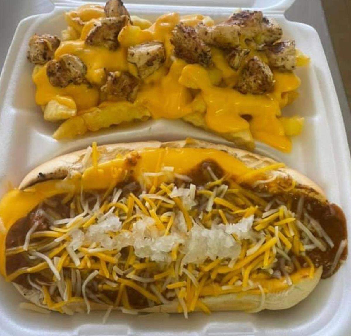 The Nasty Dog with cheese fries and chicken served up at Party Ice at 3271 Houston Ave. in south Macon.